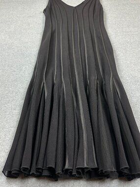 Black Whimsi Goth Vamp Dress Pleated Mesh Ribbon Piping Bodice Midi Fit Flare Sm
